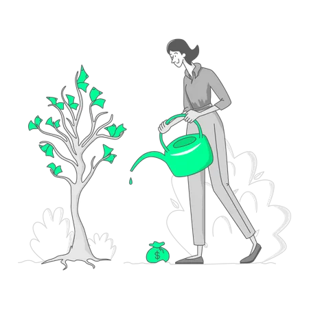 Femme arrosant un arbre à argent  Illustration