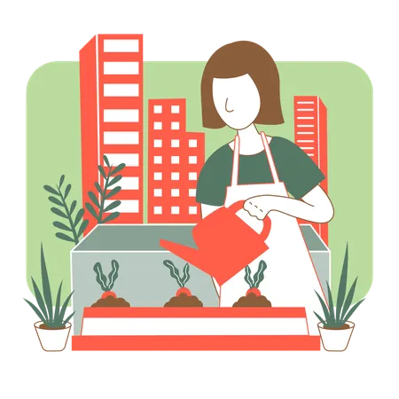 Femme arrosant une plante  Illustration