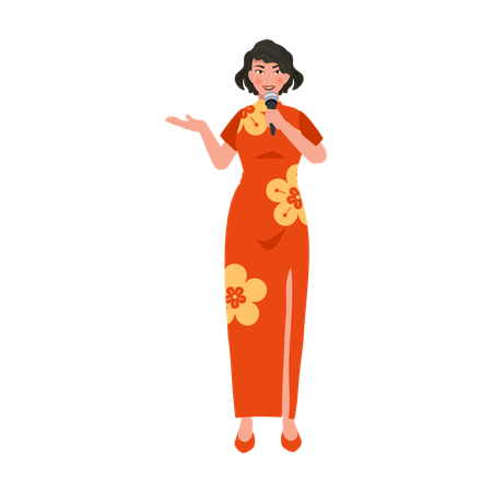 Femme asiatique en robe rouge avec microphone  Illustration