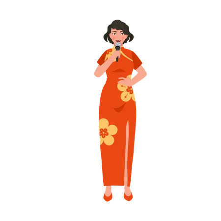 Femme asiatique en robe rouge avec microphone  Illustration