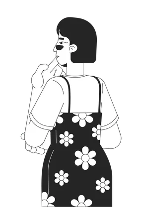 Femme asiatique réfléchie en robe fleurie se frottant le menton  Illustration