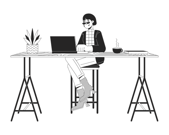 Femme asiatique travaillant sur un ordinateur portable à la table du comptoir  Illustration