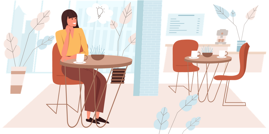 Femme assise à table au café  Illustration