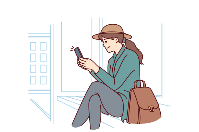 Femme assise à l'arrêt de bus en utilisant le téléphone  Illustration