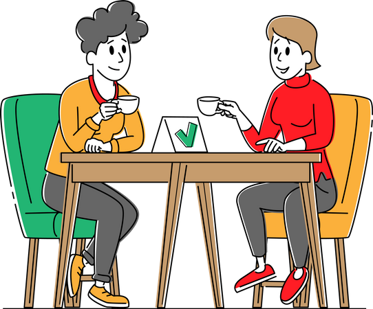Femme assise à une table de café désinfectée, buvant du café avec un masque et un désinfectant pour bouteille de désinfectant  Illustration