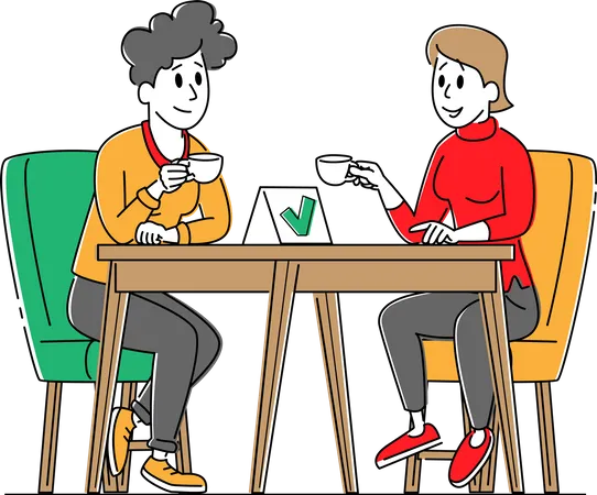 Femme assise à une table de café désinfectée, buvant du café avec un masque et un désinfectant pour bouteille de désinfectant  Illustration