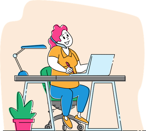 Femme assise au bureau travaillant sur un ordinateur portable et parlant par smartphone  Illustration