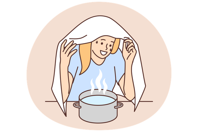 Une femme assise au-dessus d'un pot d'eau chaude se couvre la tête avec une serviette pour se débarrasser du rhume ou du nez qui coule  Illustration