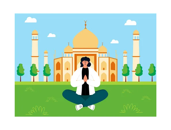 Femme assise au Taj Mahal  Illustration