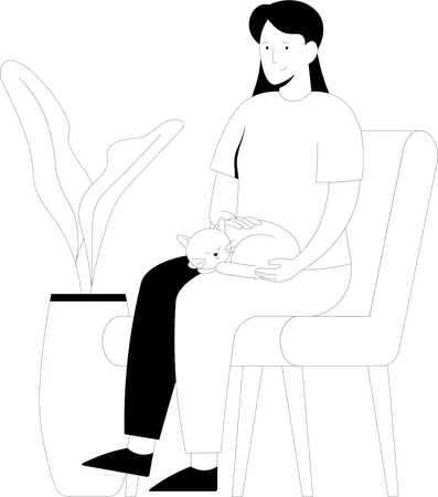 Femme assise avec un chat  Illustration