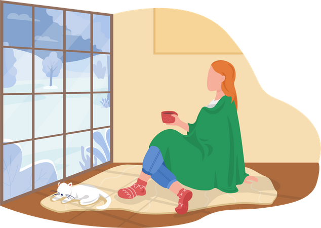 Femme assise avec une couverture dans le salon avec un chien  Illustration