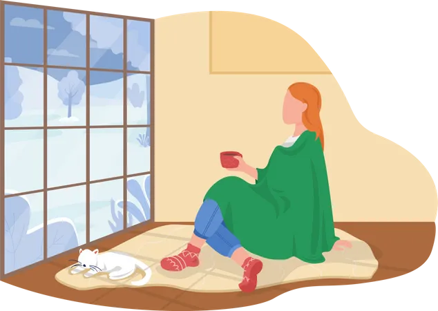 Femme assise avec une couverture dans le salon avec un chien  Illustration