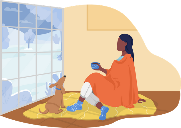 Femme assise avec une couverture dans le salon avec un chien  Illustration