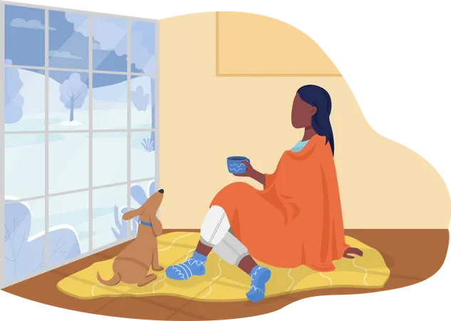 Femme assise avec une couverture dans le salon avec un chien  Illustration