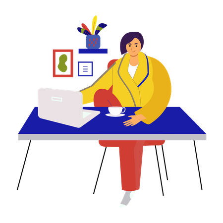 Femme assise avec un ordinateur portable au bureau  Illustration