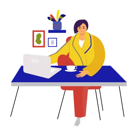 Femme assise avec un ordinateur portable au bureau  Illustration