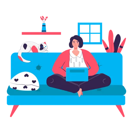 Femme assise avec un ordinateur portable sur un canapé dans la chambre  Illustration
