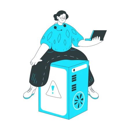 Femme assise avec un ordinateur portable sur un gros serveur  Illustration