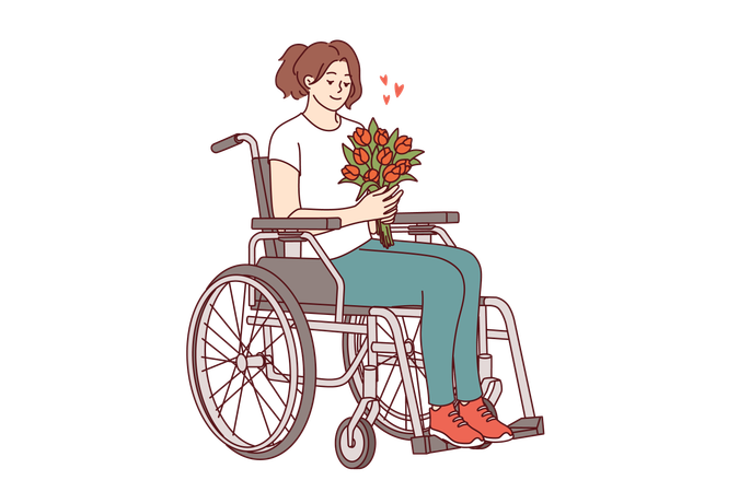 Femme assise dans un fauteuil roulant avec un bouquet de fleurs et se sentant positive grâce au cadeau d'un admirateur  Illustration