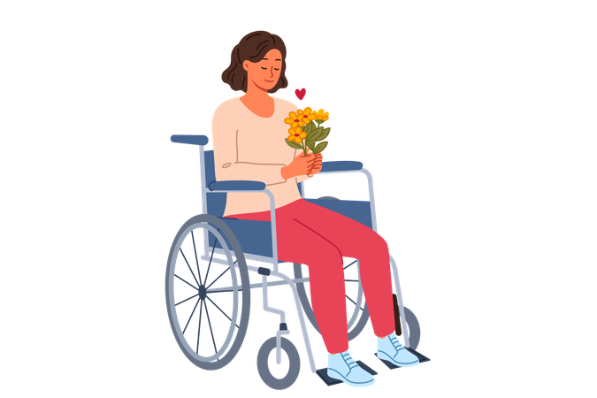 Une femme assise dans un fauteuil roulant tient un bouquet de fleurs dans ses mains et se réjouit de recevoir un cadeau  Illustration