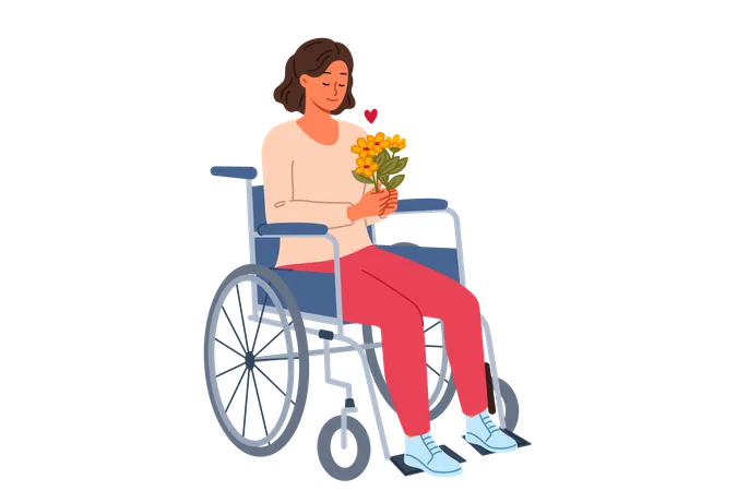 Une femme assise dans un fauteuil roulant tient un bouquet de fleurs dans ses mains et se réjouit de recevoir un cadeau  Illustration