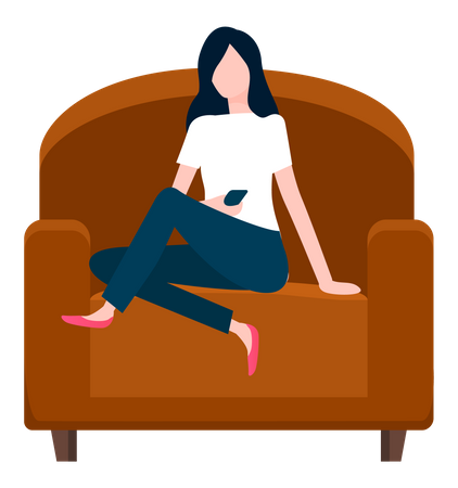 Une femme assise dans un fauteuil tient un smartphone  Illustration