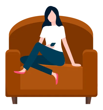 Une femme assise dans un fauteuil tient un smartphone  Illustration