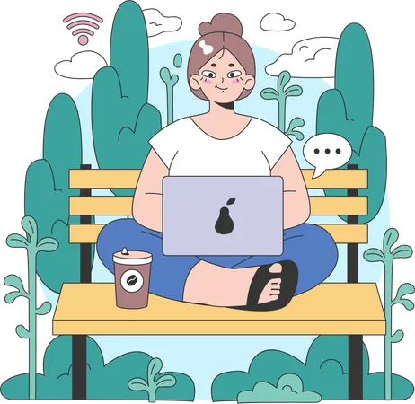 Femme assise dans un parc et travaillant  Illustration