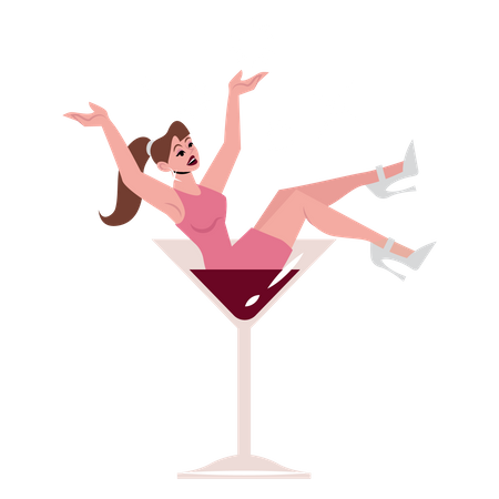 Femme assise dans un verre de vin  Illustration