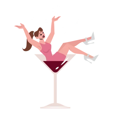 Femme assise dans un verre de vin  Illustration