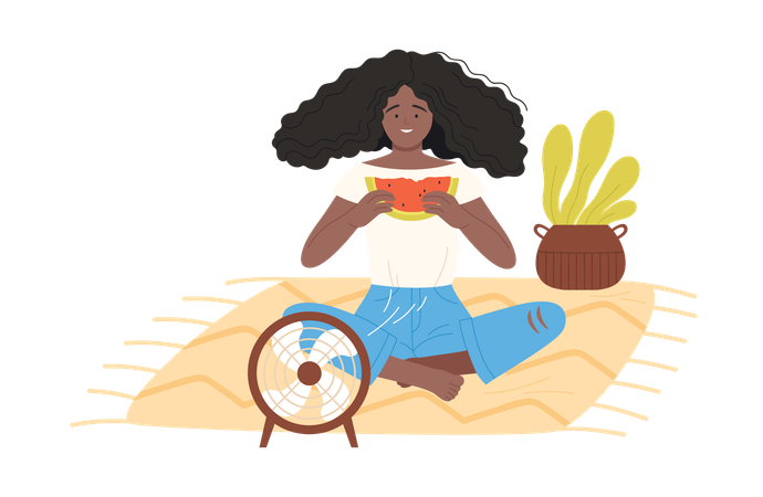 Femme assise devant un ventilateur en train de manger de la pastèque  Illustration