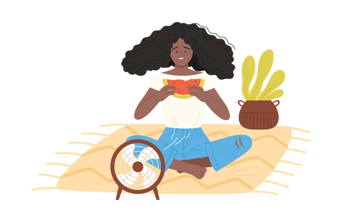Femme assise devant un ventilateur en train de manger de la pastèque  Illustration