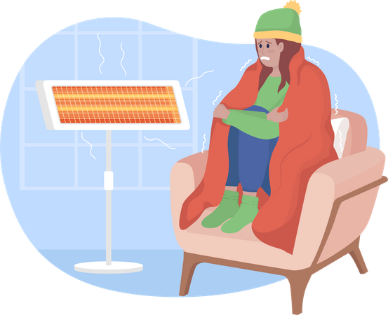 Femme assise près du radiateur à la maison  Illustration