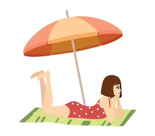 Femme assise sous un parasol à la plage  Illustration