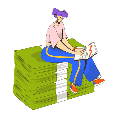 Femme assise sur des liasses de billets avec un ordinateur portable  Illustration