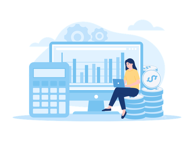 Femme assise sur des pièces de monnaie et calcule le revenu de l'entreprise  Illustration
