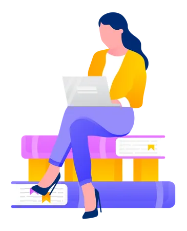 Femme assise sur des piles et étudie sur un ordinateur portable  Illustration