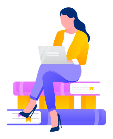 Femme assise sur des piles de livres à la recherche d'une réponse  Illustration