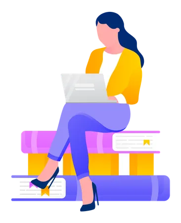 Femme assise sur des piles de livres à la recherche d'une réponse  Illustration