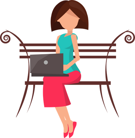 Femme assise sur le banc et travaillant sur un ordinateur portable  Illustration