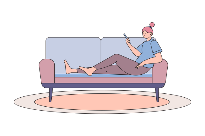 Femme assise sur un canapé utilisant un mobile à la maison  Illustration