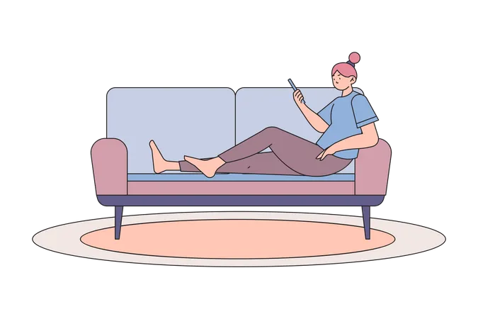 Femme assise sur un canapé utilisant un mobile à la maison  Illustration