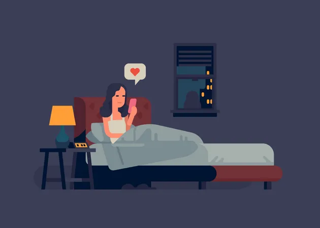 Femme assise sur le lit la nuit vérifiant son téléphone portable avant de dormir  Illustration