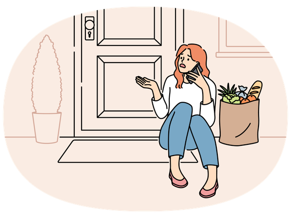 Une femme est assise sur le seuil près d'une porte dont la serrure est bloquée et ne peut pas entrer dans la maison  Illustration