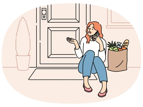 Une femme est assise sur le seuil près d'une porte dont la serrure est bloquée et ne peut pas entrer dans la maison  Illustration