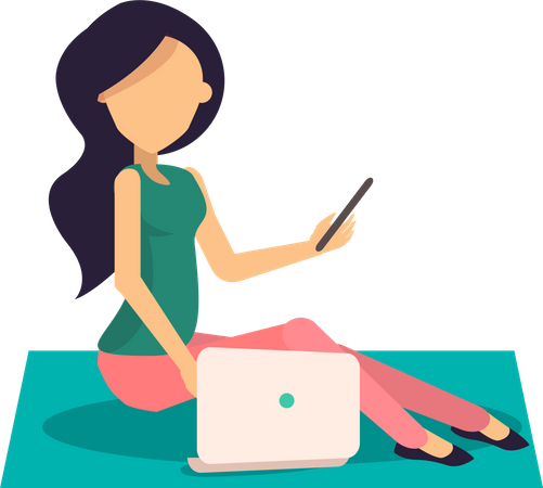 Femme assise sur le tapis et travaillant sur un ordinateur portable  Illustration