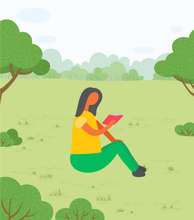Femme assise sur l'herbe et lisant un livre  Illustration