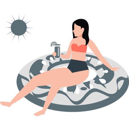 Femme assise sur un anneau de natation et buvant un verre  Illustration