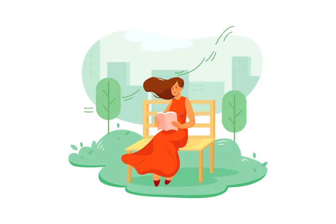 Femme assise sur un banc  Illustration