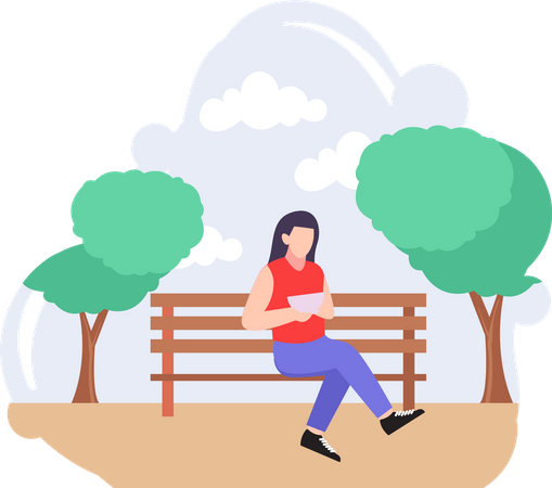 Femme assise sur un banc  Illustration